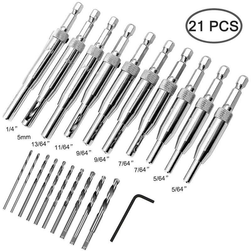 AFUNTA 21 pcs Center Drill Bit Set, AFUNTA Self Centering Hinge Tapper Core Hole Puncher 5/64'' 7/64'' 9/64'' 11/64'' 13/64'' 5mm 1/4'' & 1 Pcs Hex Key & 10 Pcs Replacement Drill Bits - Image 2